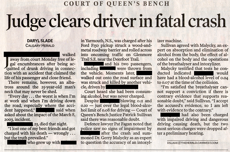 Court of Queen's Bench: Judge clears driver in fatal crash