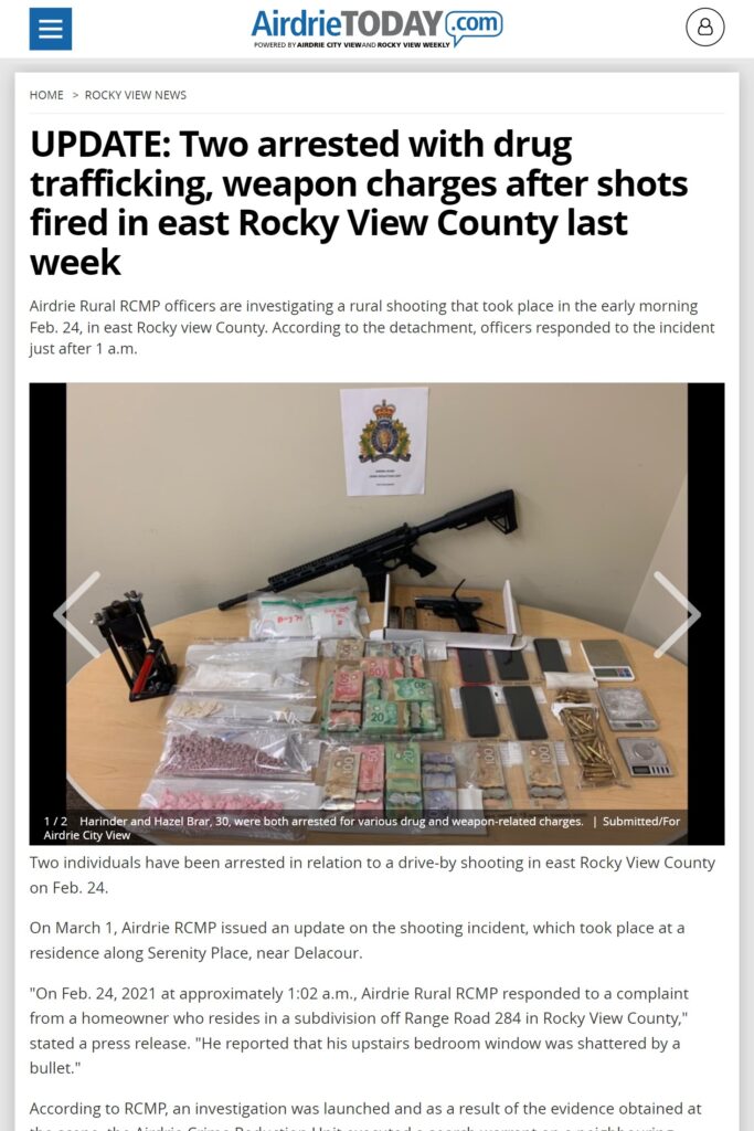 Airdrie Today: "Update: Two arrested with drug trafficking, weapon charges after shots fired in east Rocky View County last week"