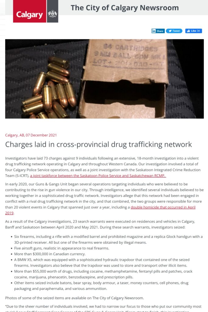 The City of Calgary Newsroom report: Charges laid in cross-provincial drug trafficking network