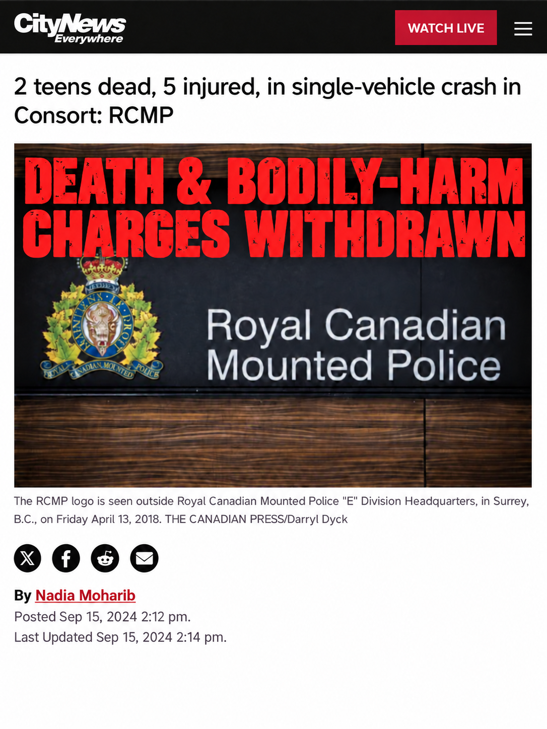 CityNews article: 2 teens dead, 5 injured, in single-vehicle crash in Consort: RCMP. Stamp: death and bodily-harm charges withdrawn.