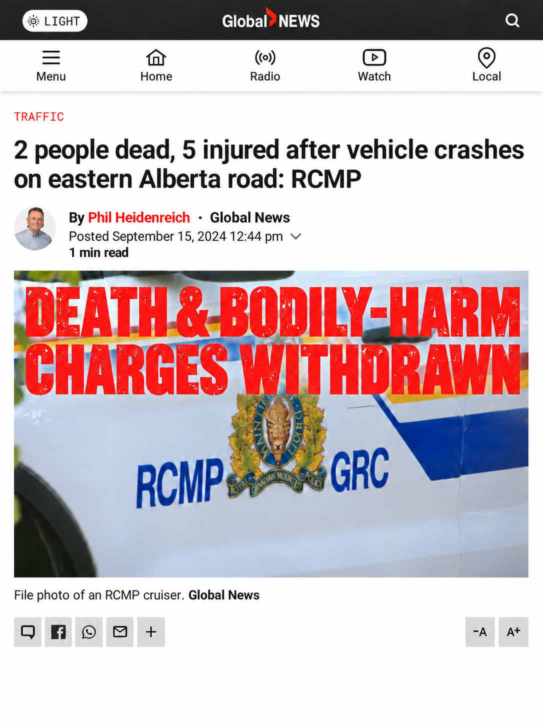 Global News article: 2 people dead, 5 injured after vehicle crashes on eastern Alberta road: RCMP. Stamp: death and bodily-harm charges withdrawn.