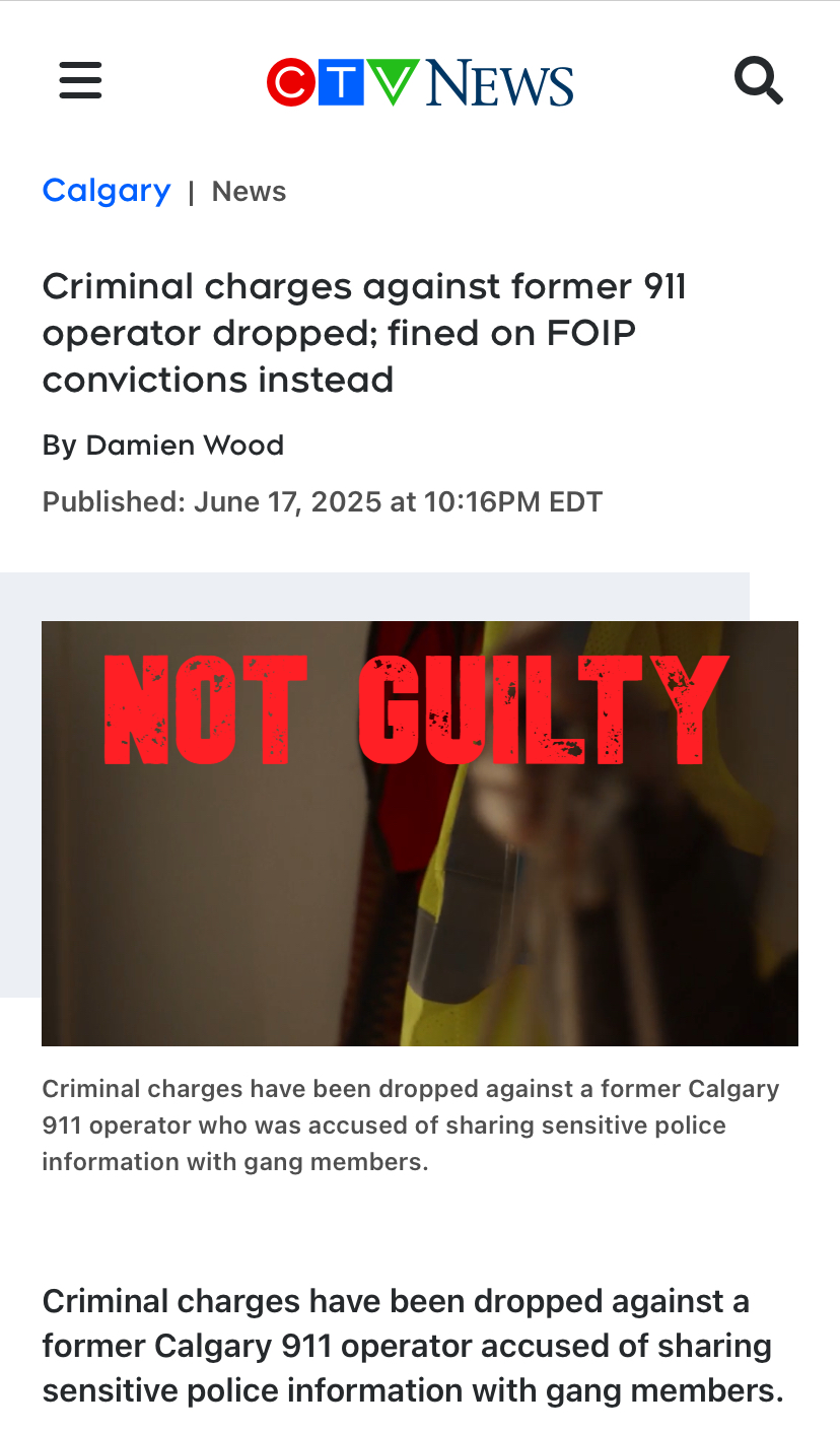 CTV News Criminal chargest against former 911 operator dropped-not-guilty